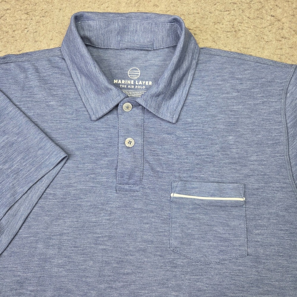 Marine Layer The Air Polo Shirt Mens M/L Blue Tencel Blend Pocket Short Sleeve